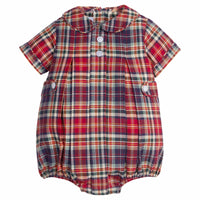 little english classic children's clothing, deep red and navy plaid bubble for boys with peter pan collar and button tabs for the holidays