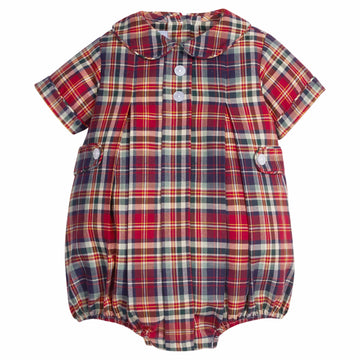 little english classic children's clothing, deep red and navy plaid bubble for boys with peter pan collar and button tabs for the holidays