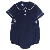 Navy Davant Bubble, Little English Traditional Children's Clothing, navy corduroy bubble with white piping and button tabs for baby boy