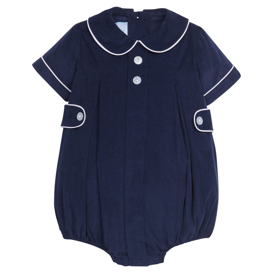 Navy Davant Bubble, Little English Traditional Children's Clothing, navy corduroy bubble with white piping and button tabs for baby boy