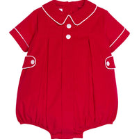 Little English traditional children's clothing.  Short sleeve bubble for baby boys in Red Corduroy with button tabs, Eton collar, and white contrast piping.
