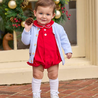 Little English classic children's clothing.  Red corduroy bubble with white contrast piping for baby boys for the holidays. Paired with light blue cardigan with holiday train embroidery