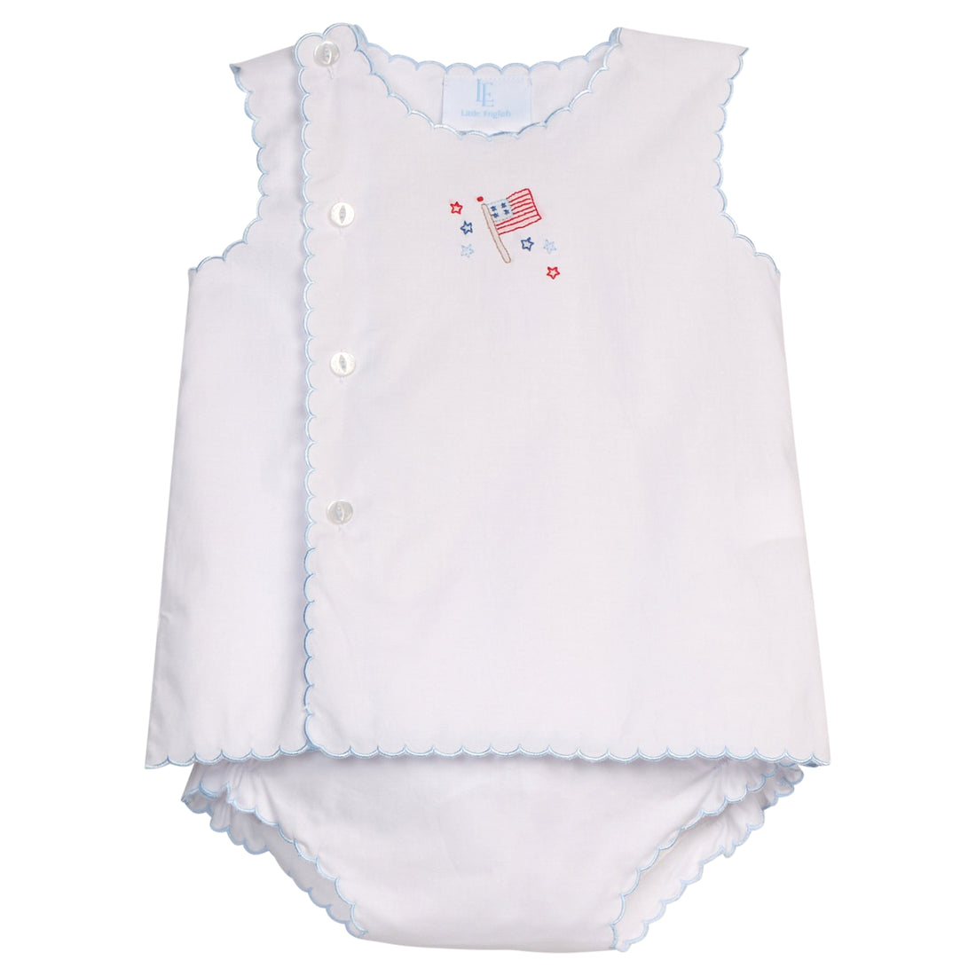 Little English classic Davis day set with flag motif on chest and buttons down front  right side, unisex set for baby 