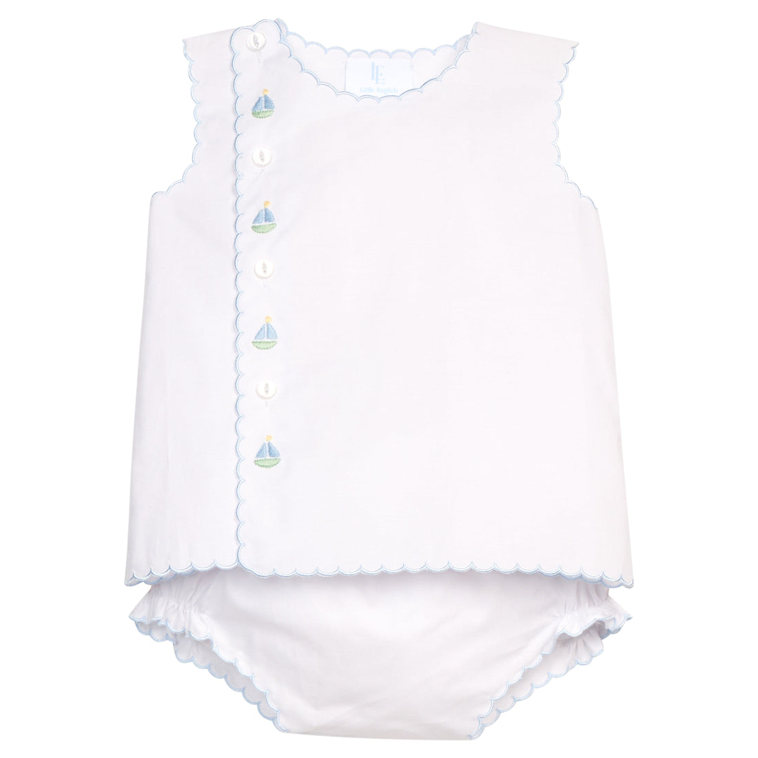 Little English Classic davis day set with embroidered sailboats and buttons running down front right side, for baby