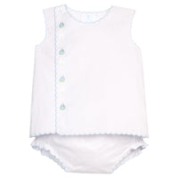 Little English Classic davis day set with embroidered sailboats and buttons running down front right side, for baby