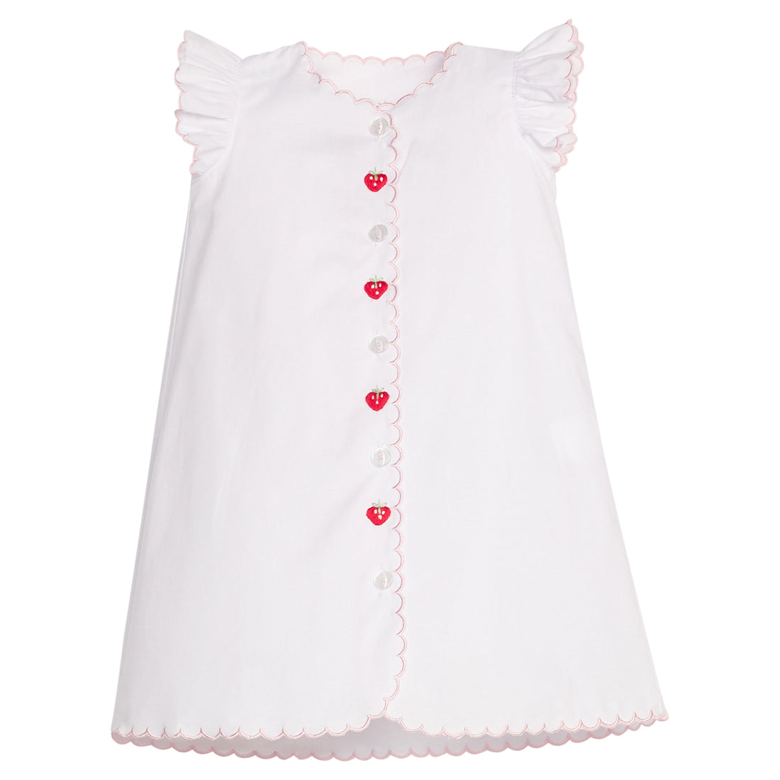 Little English Classic day gown with flutter sleeves and strawberry motifs running down front, for baby girl 