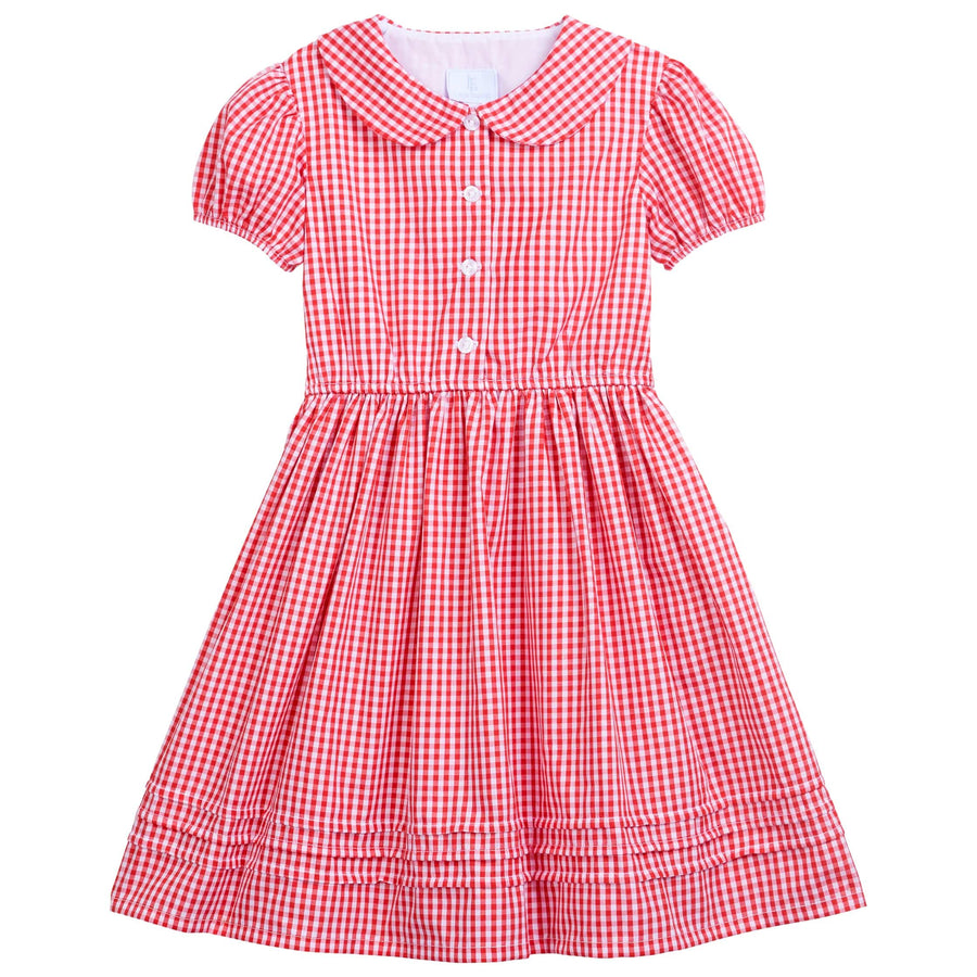 classic childrens clothes girls red gingham dress with peter pan collar and button details at chest
