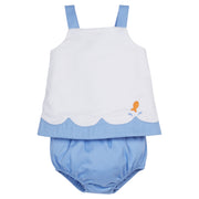 Little English 2 piece set for girls, blue and white set for spring with embroidered orange goldfish
