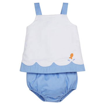 Little English 2 piece set for girls, blue and white set for spring with embroidered orange goldfish