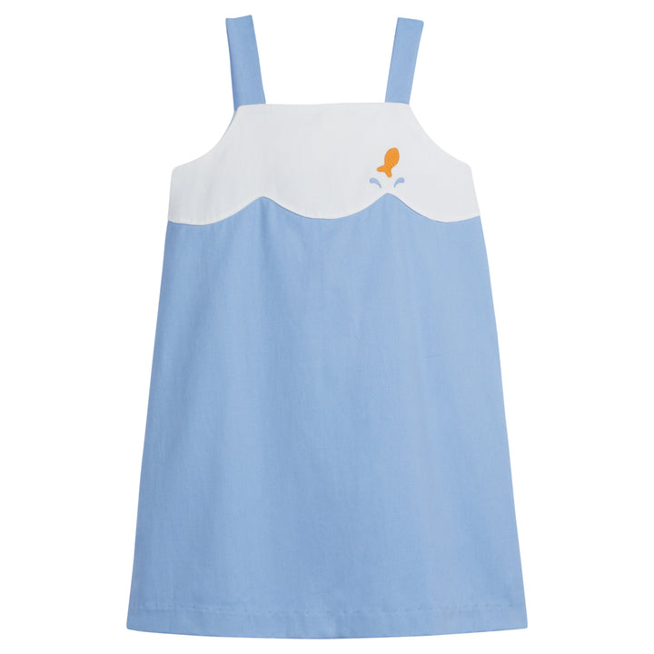 Little English girl's blue and white dress embroidered with orange goldfish for Spring