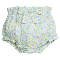 Little English traditional children's clothing. Ruffled diaper cover with fixed bow for baby girls.  Aqua, green, and yellow floral diaper cover.