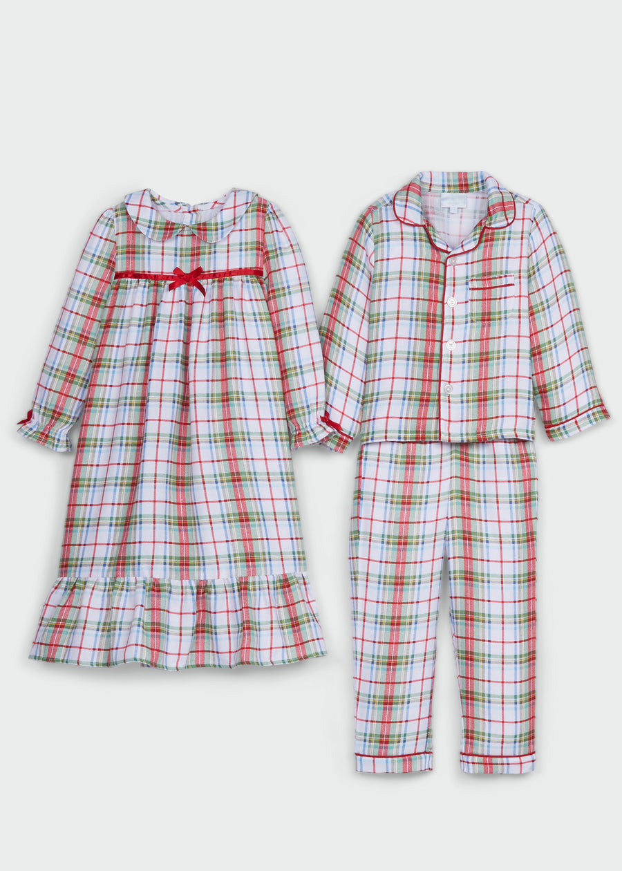 Little English traditional girl's flannel style nightgown, little girl's classic christmas nightgown with bow in plaid with matching plaid two piece set