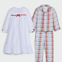 Little English traditional girl's flannel style nightgown, little girl's classic christmas nightgown in white with light red bow and coordinating plaid two piece set