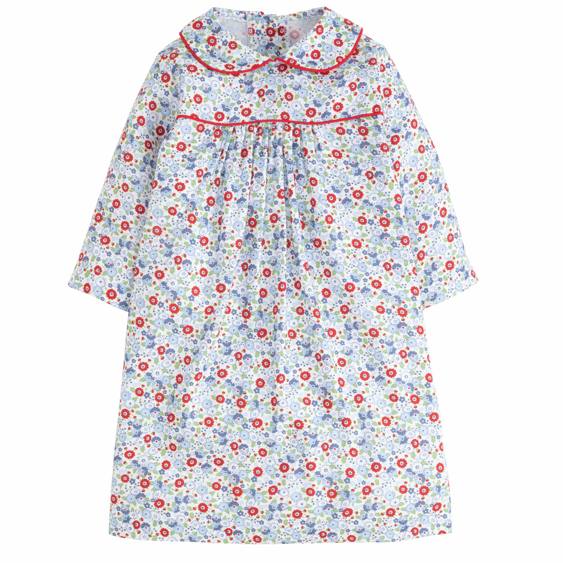 Little English classic kids clothing, girls flowy long sleeve red and blue floral dress with peter pan collar and red piping detailing