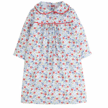 Little English classic kids clothing, girls flowy long sleeve red and blue floral dress with peter pan collar and red piping detailing