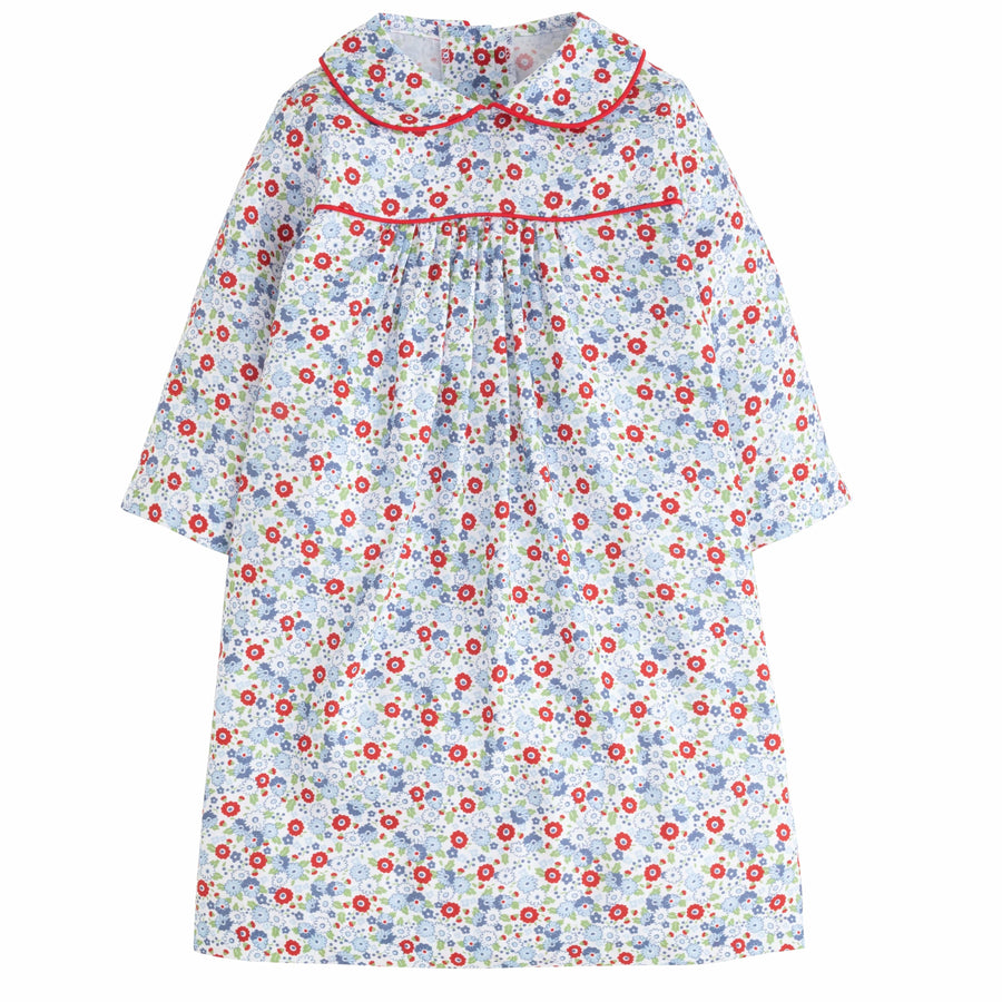 Little English classic kids clothing, girls flowy long sleeve red and blue floral dress with peter pan collar and red piping detailing