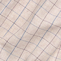 Little English traditional children's clothing. Tan, brown, and blue Durham Windowpane fabric swatch
