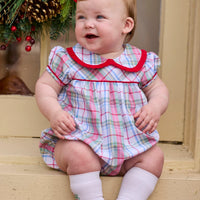 Little English traditional children's clothing.  Puff sleeve and ruffled peter pan collar bubble in red, blue, green, yellow, and white Douglas Plaid with red piping for baby girls for Christmas