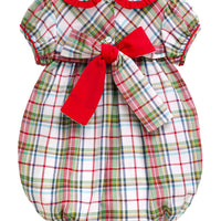 Little English traditional children's clothing.  Puff sleeve and ruffled peter pan collar bubble in red, blue, green, yellow, and white Douglas Plaid with red piping for baby girls for Christmas