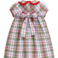 Little English classic children's clothing. Toddler girls puff sleeve dress in red and green plaid with ruffled peter pan collar and bow tie sash in back.