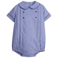 little english classic childrens clothing boys navy gingham bubble with peter pan collar and button details at chest