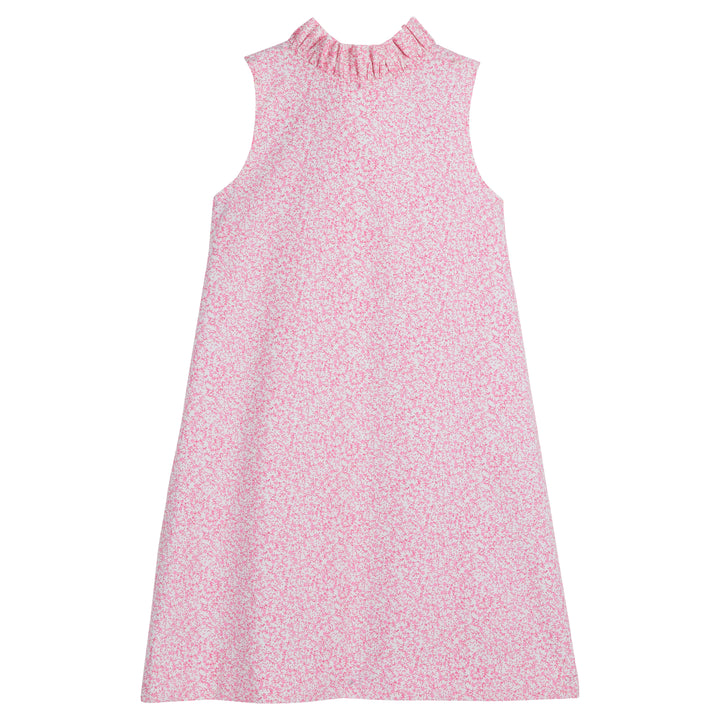 Little English classic knee length dress with pink floral pattern and bow in back, traditional girl's dress for spring