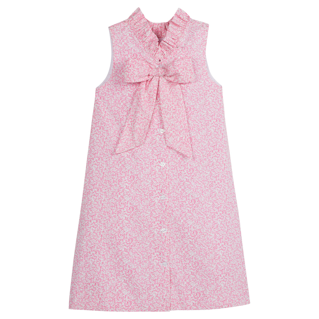 Little English classic knee length dress with pink floral pattern and bow in back, traditional girl&