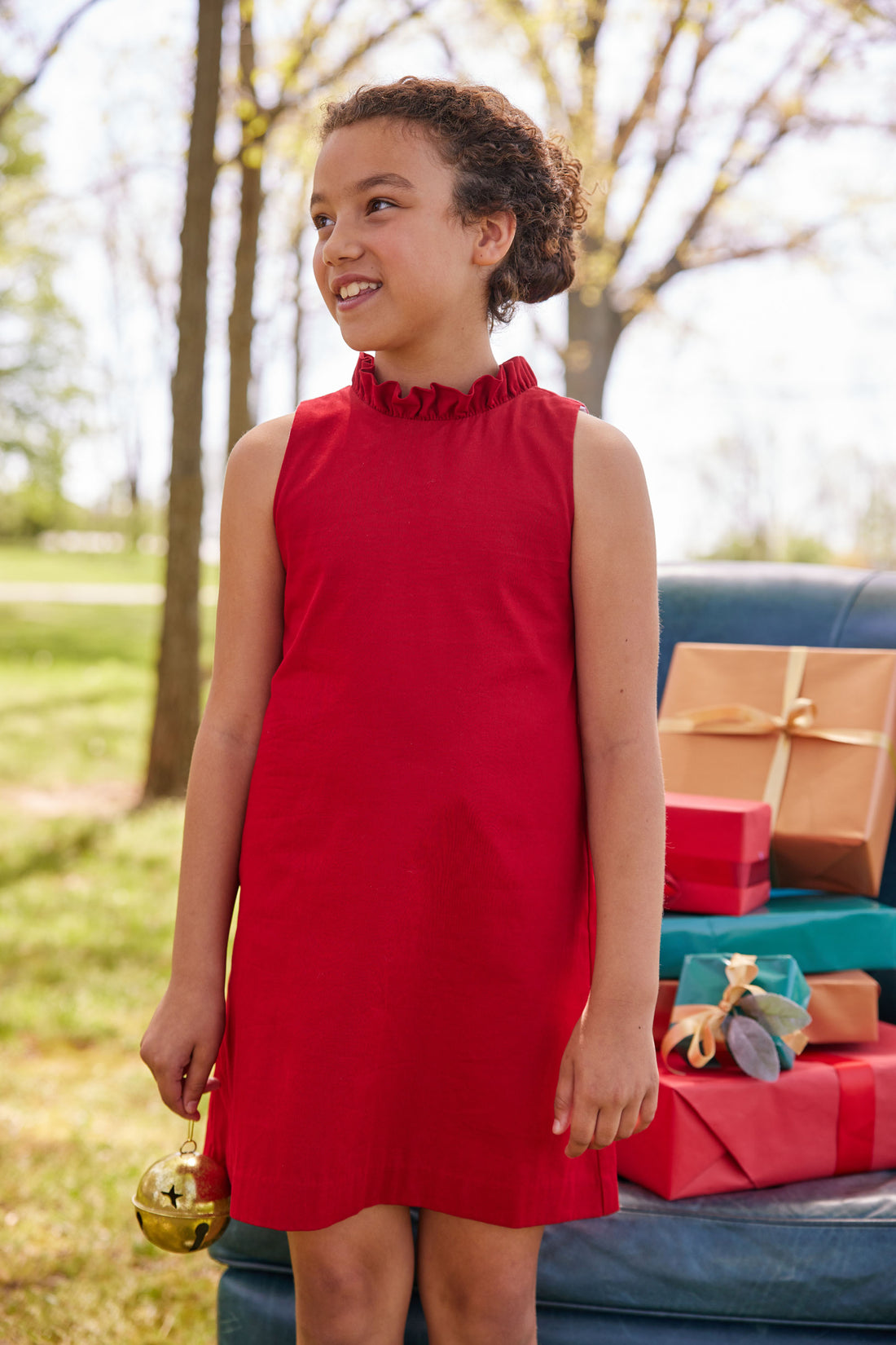 Little English classic tween girls red knee length dress with ruffled neckline