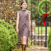 Little English traditional children's clothing. Olive and maroon Thornhill Plaid column dress with capped sleeves, ruffled neckline, and fixed bow in back for older girls for the holidays