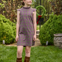 Little English traditional children's clothing. Olive and maroon Thornhill Plaid column dress with capped sleeves, ruffled neckline, and fixed bow in back for older girls for the holidays