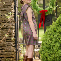 Little English traditional children's clothing. Olive and maroon Thornhill Plaid column dress with capped sleeves, ruffled neckline, and fixed bow in back for older girls for the holidays