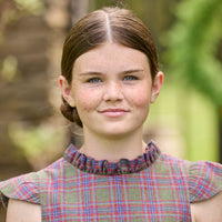 Little English traditional children's clothing. Olive and maroon Thornhill Plaid column dress with capped sleeves, ruffled neckline, and fixed bow in back for older girls for the holidays