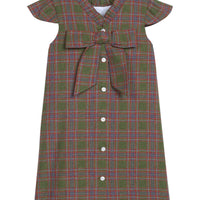 Little English traditional children's clothing. Olive and maroon Thornhill Plaid column dress with capped sleeves, ruffled neckline, and fixed bow in back for older girls for the holidays