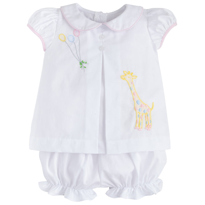 Little English classic baby girl's birthday bloomer set, white bloomer set with embroidered balloons and giraffe