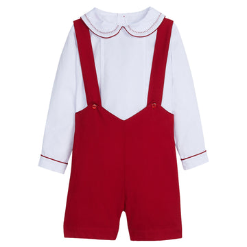 little english classic children's clothing boys red shortall with white long sleeve peter pan top with red piping for holiday