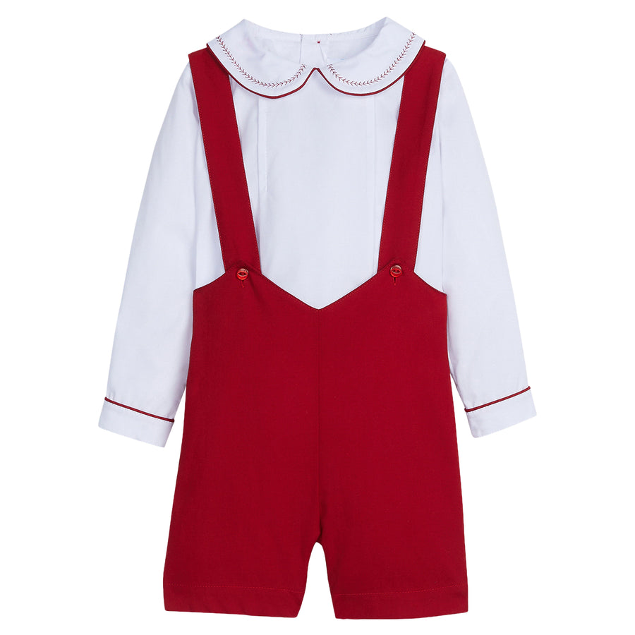 little english classic children's clothing boys red shortall with white long sleeve peter pan top with red piping for holiday