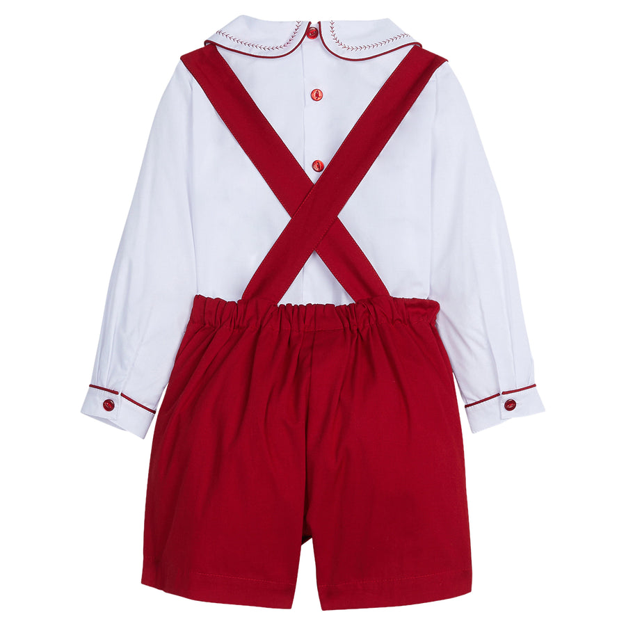 little english classic children's clothing boys red shortall with white long sleeve peter pan top with red piping for holiday