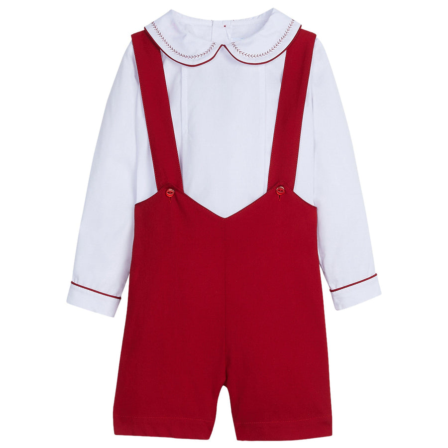 little english classic childrens clothing boys shortall set with white peter pan shirt with red piping and red whipstitch detail on collar