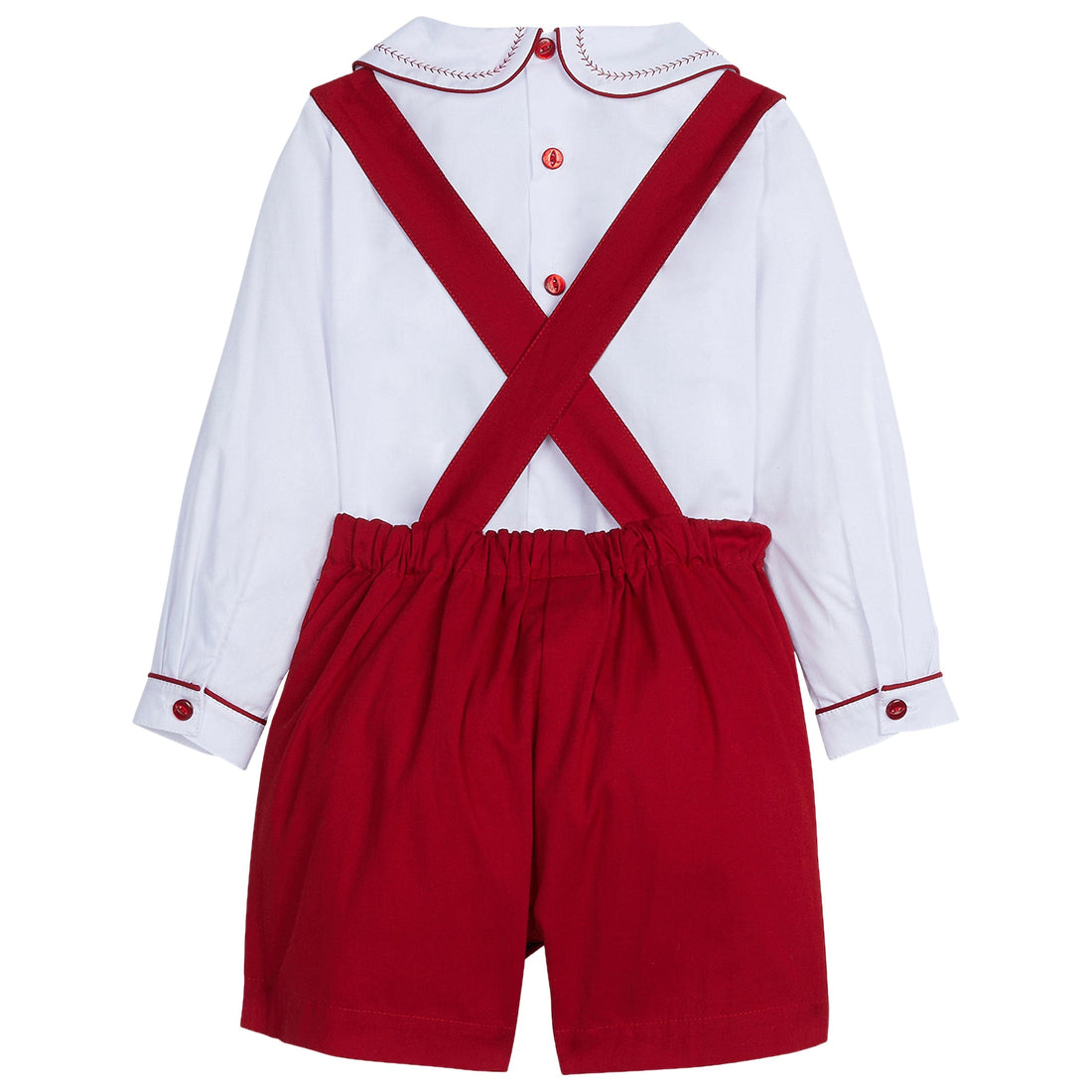 little english classic childrens clothing boys shortall set with white peter pan shirt with red piping and red whipstitch detail on collar