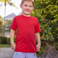 Little English traditional children's clothing, boy's basic short for Summer, blue check pull on shorts with embroidered red, yellow, and green airplanes