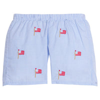 Little English traditional children's clothing.  Blue gingham shorts with all-over American flag embroidery for boys.  Boy's shorts for 4th of July.