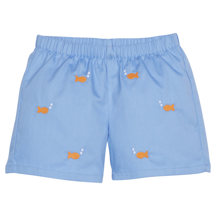 Little English traditional children's clothing, boy's basic blue pull on short with goldfish embroidery for Summer