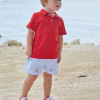 Little English basic short with light blue stripe pattern and applique sailboats and anchors