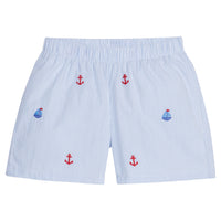 Little English basic short with light blue stripe pattern and applique sailboats and anchors