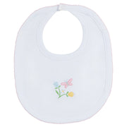 Little English baby's knit bib with butterfly and flower motif