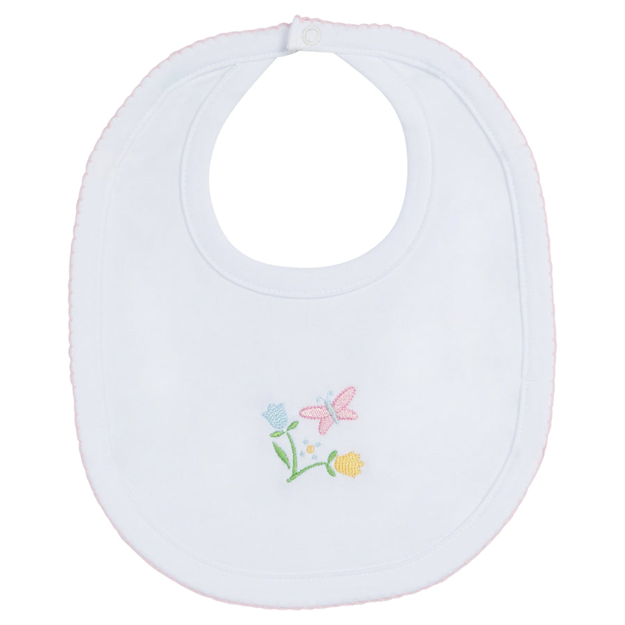 Little English baby's knit bib with butterfly and flower motif