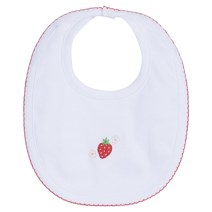 Little English baby's knit bib with strawberry motif
