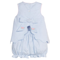 Little English traditional children's clothing.  Blue gingham set for baby girls with scallop bow back top with all-over watermelon embroidery and coordinating ruffled bloomer