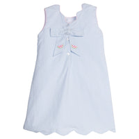 Little English traditional children's clothing.  Blue gingham dress for girls with scallop hem and bow back with all-over watermelon embroidery 