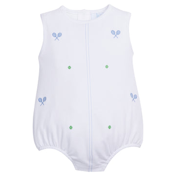 Little English traditional children's clothing, baby boy's casual white knit bubble for Spring with blue and green tennis-themed embroidery